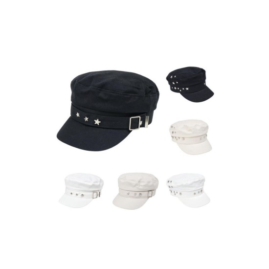 Stars Beret Hat: Fashionable Flat Top Navy Cap, Vintage Eight-Panel Hat for Women