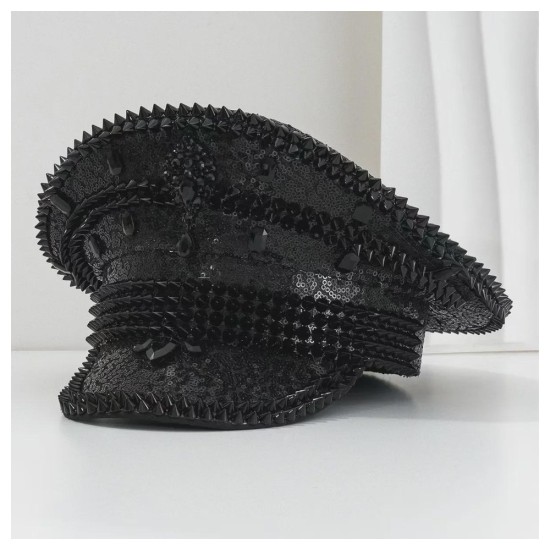 Vintage Navy Hat with Rhinestones | Punk Style Octagonal Beret | Gold Winter Beanie for Women