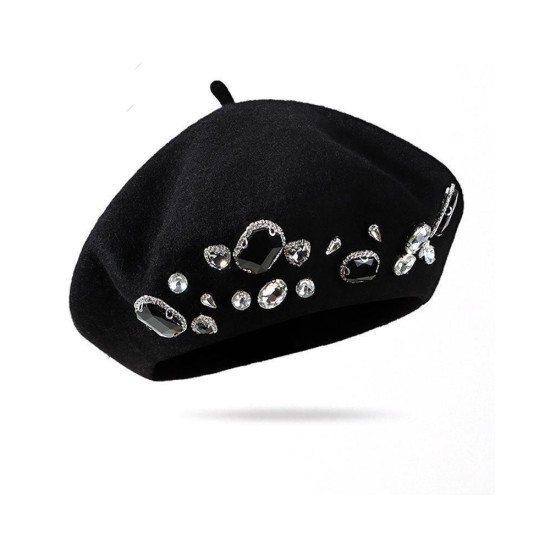 Warm Wool Beret with Rhinestones | Yena Jang Inspired Autumn Winter Hat