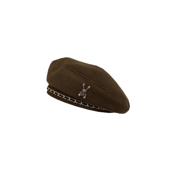 Chic Metal Chain Beret Hat | Vintage Plaid Wool Cap for Women