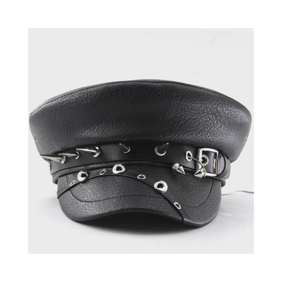 Punk Style Leather Beret with Studs - Slimming Navy Peaked Cap
