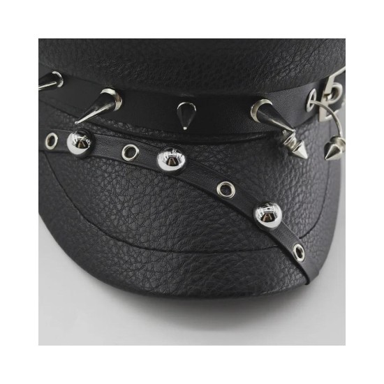 Punk Style Leather Beret with Studs - Slimming Navy Peaked Cap
