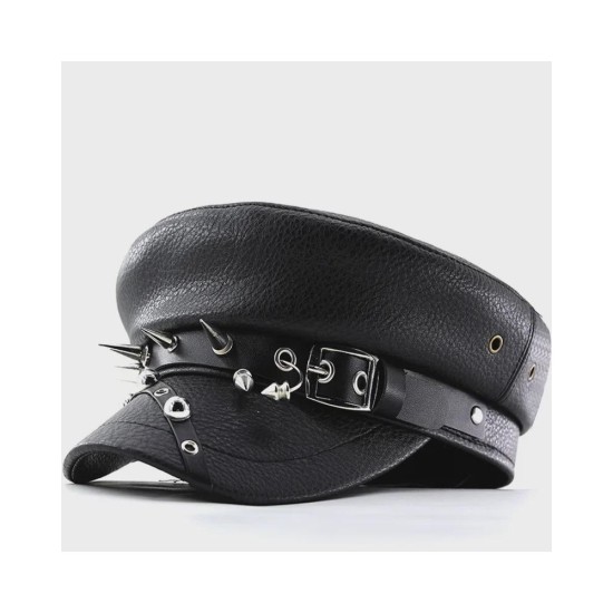 Punk Style Leather Beret with Studs - Slimming Navy Peaked Cap