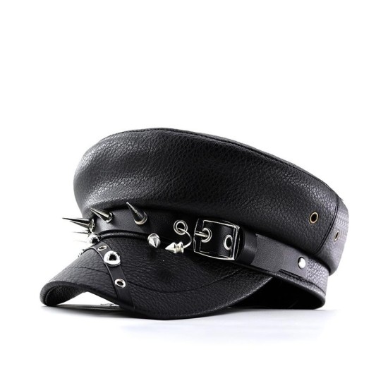 Punk Style Leather Beret with Studs - Slimming Navy Peaked Cap