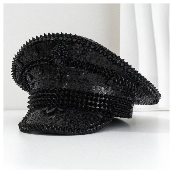 Rhinestone Sailor Hat Punk Beret for Women - Silver Sequin Cold-Weather Cap, Edgy Style