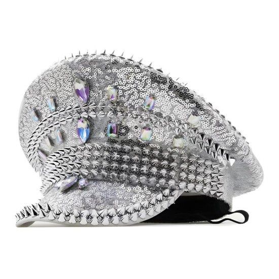 Rhinestone Sailor Hat Punk Beret for Women - Silver Sequin Cold-Weather Cap, Edgy Style