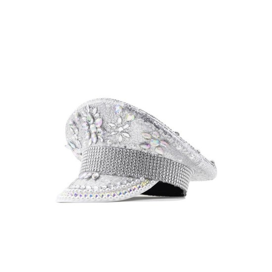 Silver Sequin Rhinestone Navy Cap Bride Headwear Oversized Fit Unisex Flat Top Beret for Women Men Autumn Winter