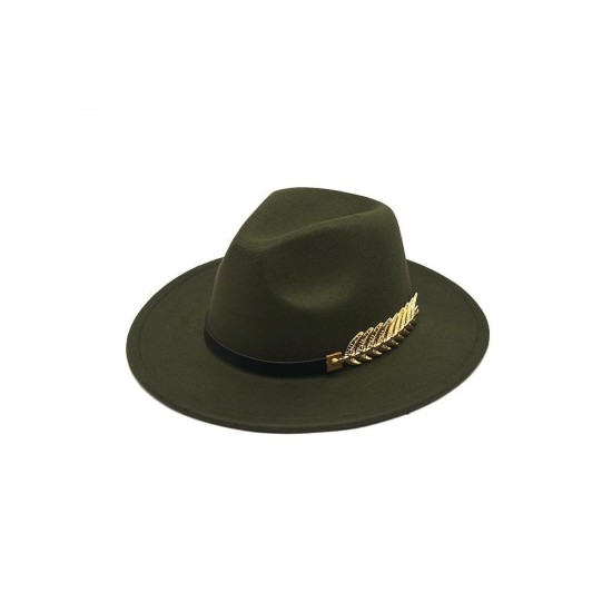 Elegant Women's Wool-Blend Fedora - Style with Gold Leaf & Feather Accent