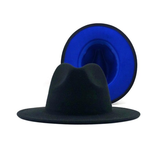 Wool Felt Fedora Hat - Royal Blue with Gold Lining, Bohemian Style Jazz Cap