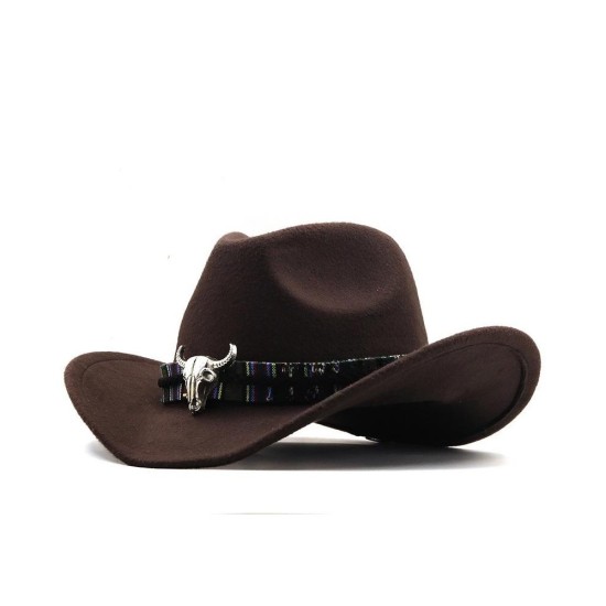 Western Cowboy Hat with Horn Trim - Wool Felt Wide Brim Fedora for Men and Women, Ethnic Style