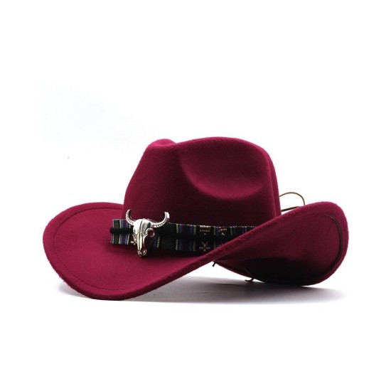 Western Cowboy Hat with Horn Trim - Wool Felt Wide Brim Fedora for Men and Women, Ethnic Style