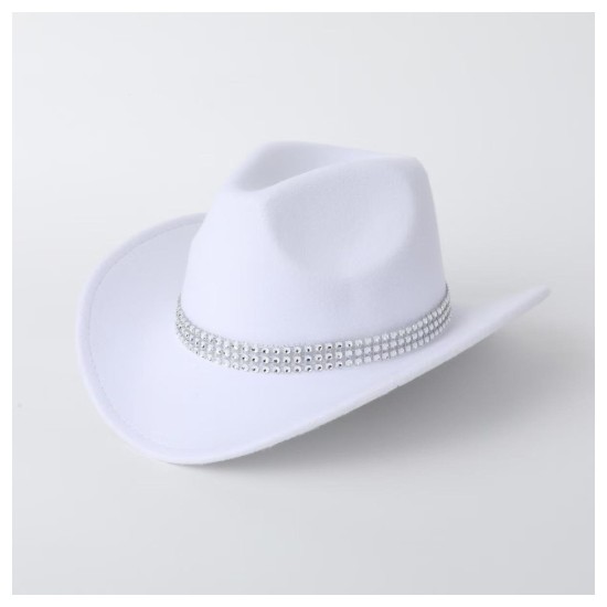 Elegant Wool Cowboy Hat for Women with Rhinestone Chain Trim | Autumn Winter Western Fedora, Vintage Style