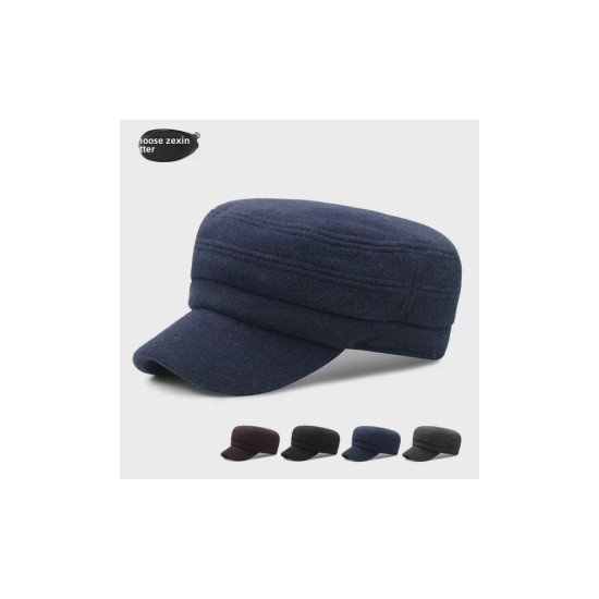 Men's Winter Wool Flat Cap with Ear Flaps, Vintage Military Style Newsboy Hat for Cold Weather