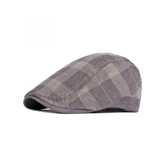 Classic Plaid Beret Cap for Men and Women - Corduroy Newsboy Style with Adjustable Fit
