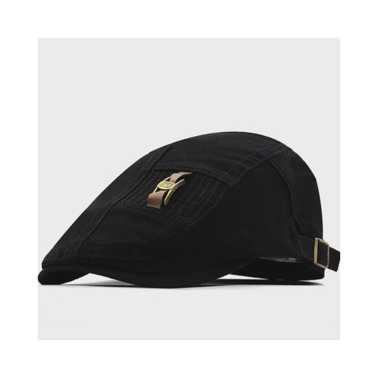 Vintage Leather Strap Newsboy Cap - Cotton Beret Style Unisex Flat Cap for Men and Women