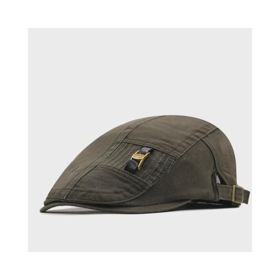 Vintage Leather Strap Newsboy Cap - Cotton Beret Style Unisex Flat Cap for Men and Women