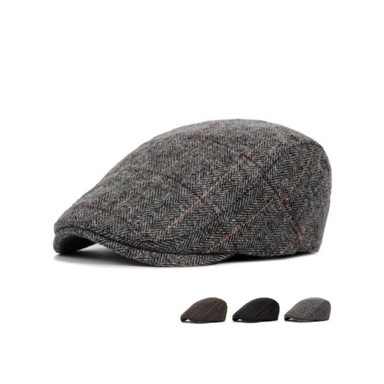 Classic Wool Beret Cap for Men | Winter Warm Tweed Newsboy Flat Cap with Herringbone Pattern