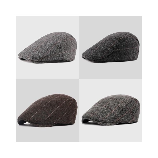 Classic Wool Beret Cap for Men | Winter Warm Tweed Newsboy Flat Cap with Herringbone Pattern